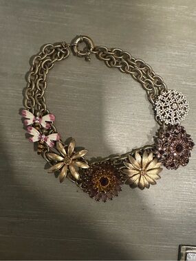 Gold Floral Statement Necklace with Pink Accents